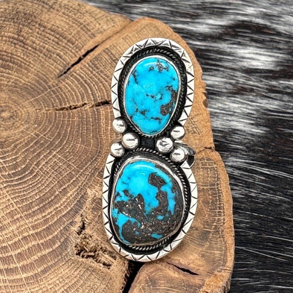 1960s Native American NAVAJO Sterling Silver Bisbee Turquoise 2-Stone Ring 8.25